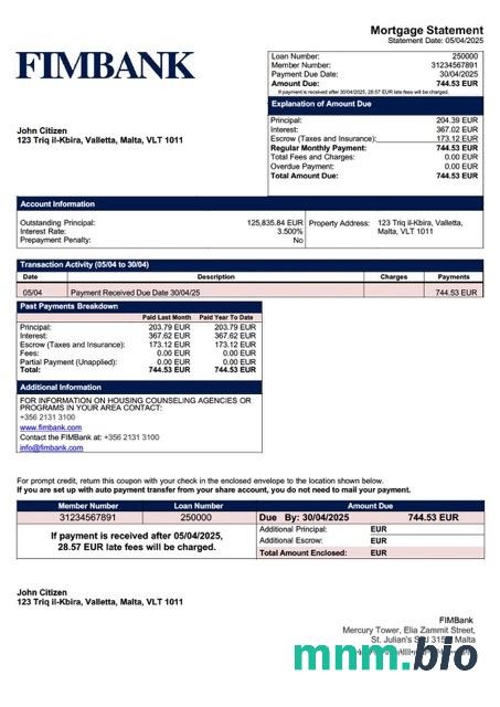 Malta FIMBank wyciąg z kredytu hipotecznego szablon Word i PDF